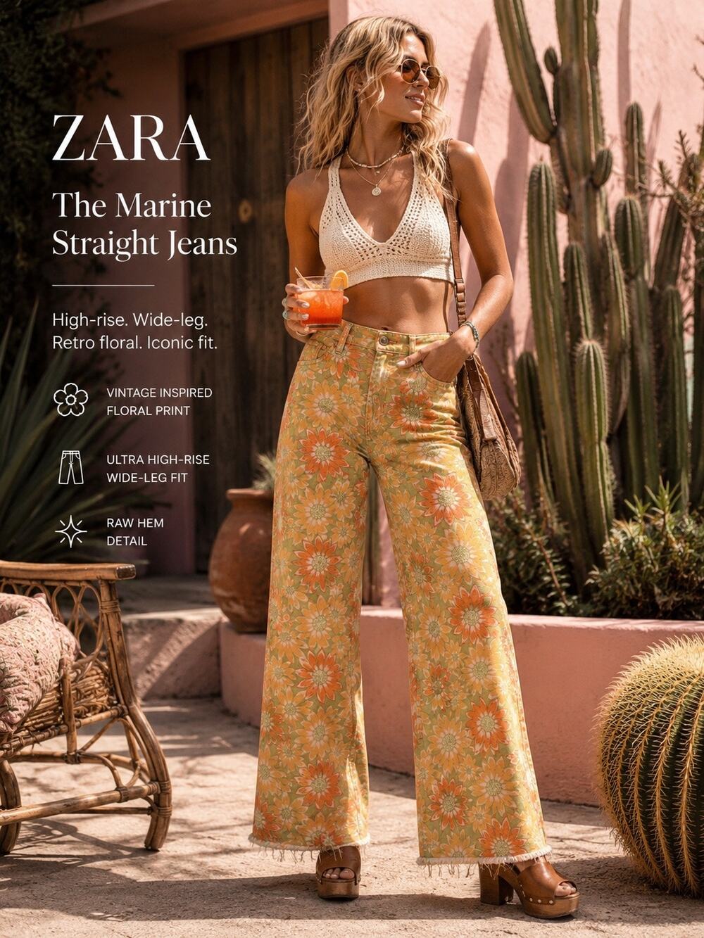Zara Floral Straight-Leg Jeans in Yellow and Orange